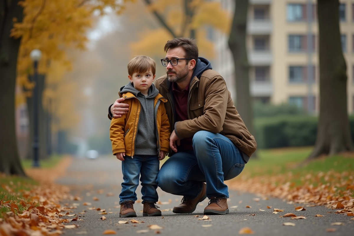 Père et fils dans un parc urbain en automne