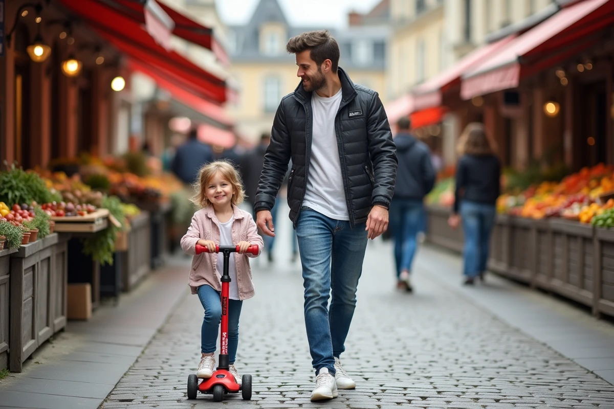 Pere guidant sa fille en scooter dans le march&eacute; de Fontainebleau