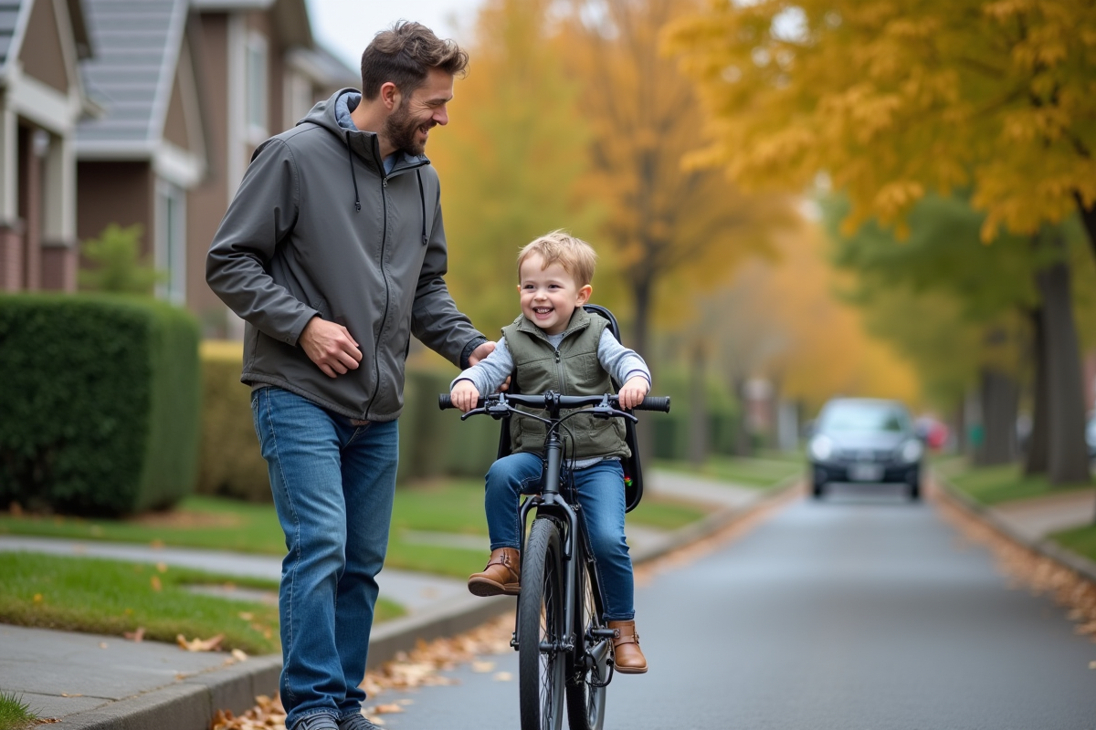 Papa avec sa fille en siège vélo en ville