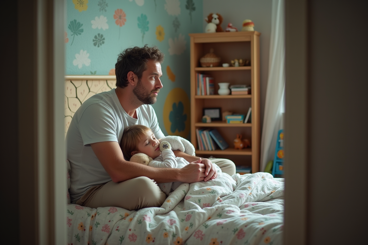 Pere regarde sa fille endormie dans la chambre