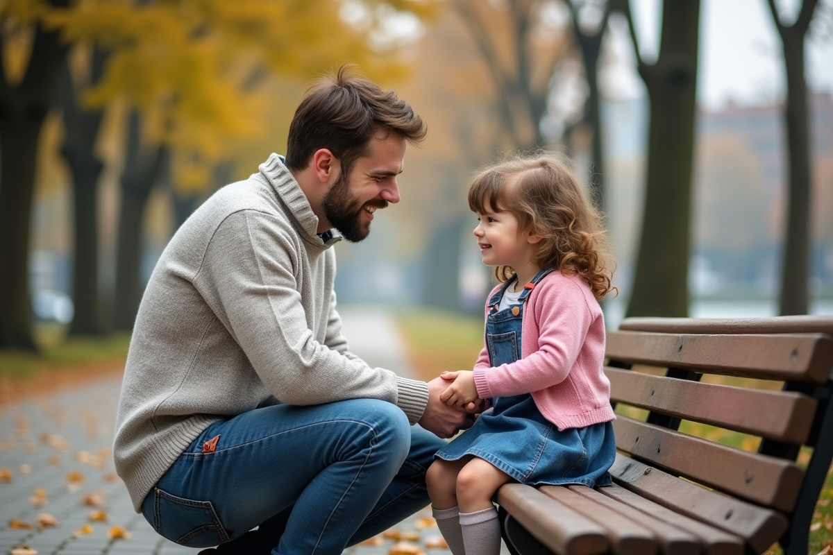 Père et fille discutant sur un banc dans un parc urbain