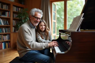 Père et fille souriants au piano dans une pièce chaleureuse