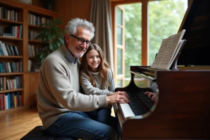 P&egrave;re et fille souriants au piano dans une pi&egrave;ce chaleureuse