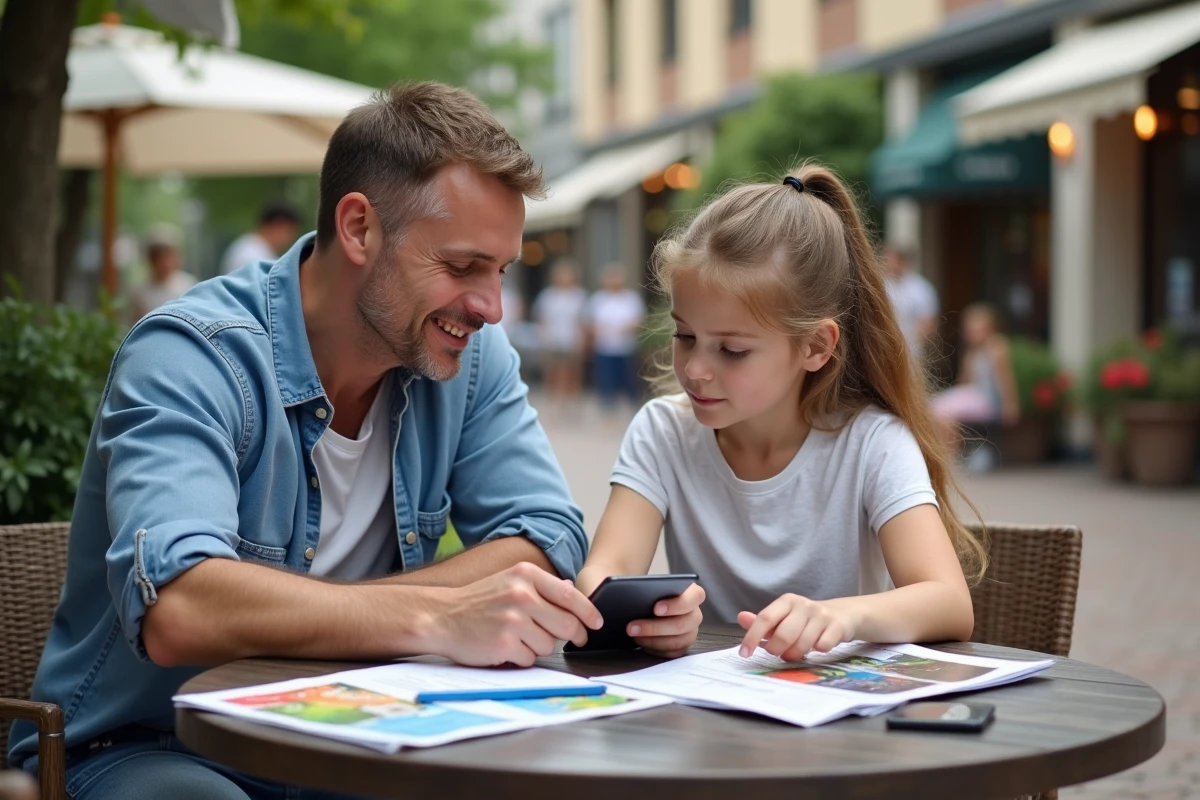 Père et fille planifiant avec brochures en extérieur