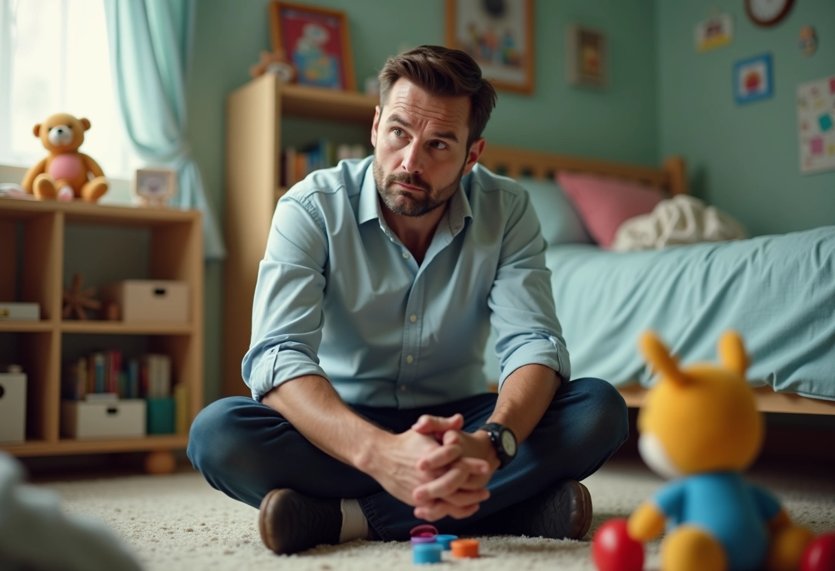 Père pensif dans la chambre des enfants avec jouets