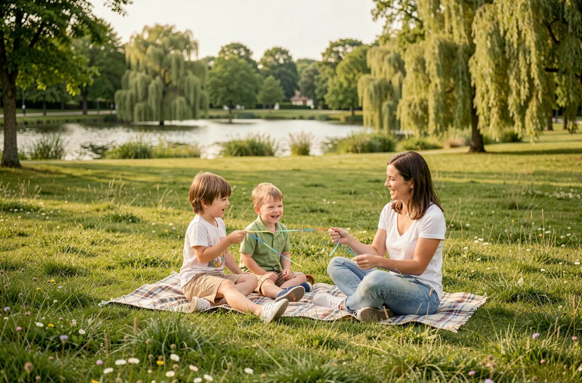 Mère et enfants jouant avec un cerf-volant dans le Parc départemental du Sausset