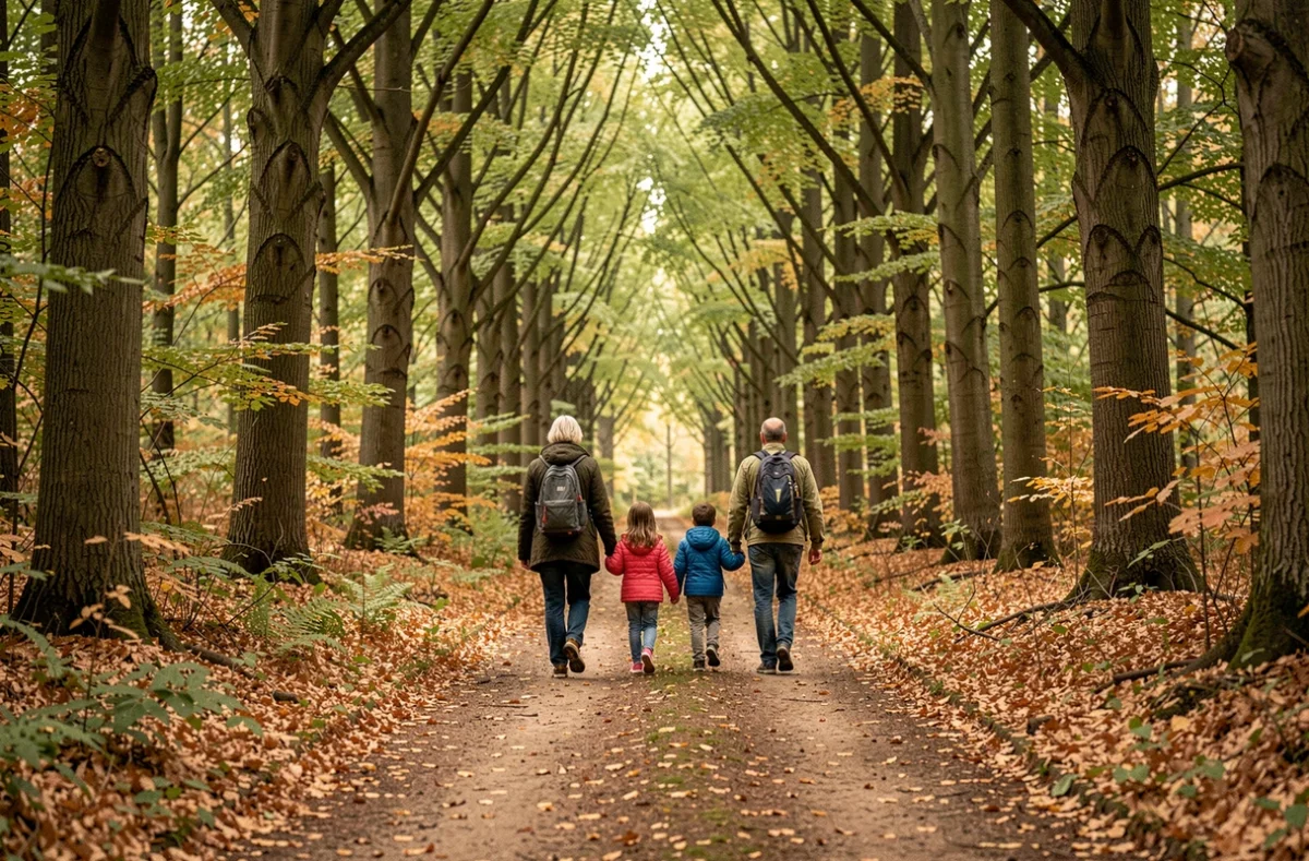 Famille se promenant sur un sentier boisé du Parc forestier de la Poudrerie en automne