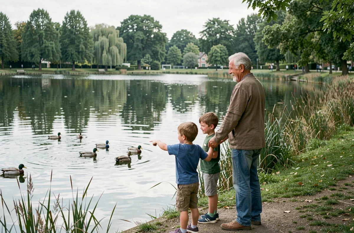 Grand-père et petits-enfants observant des canards sur le lac du Parc départemental Georges Valbon