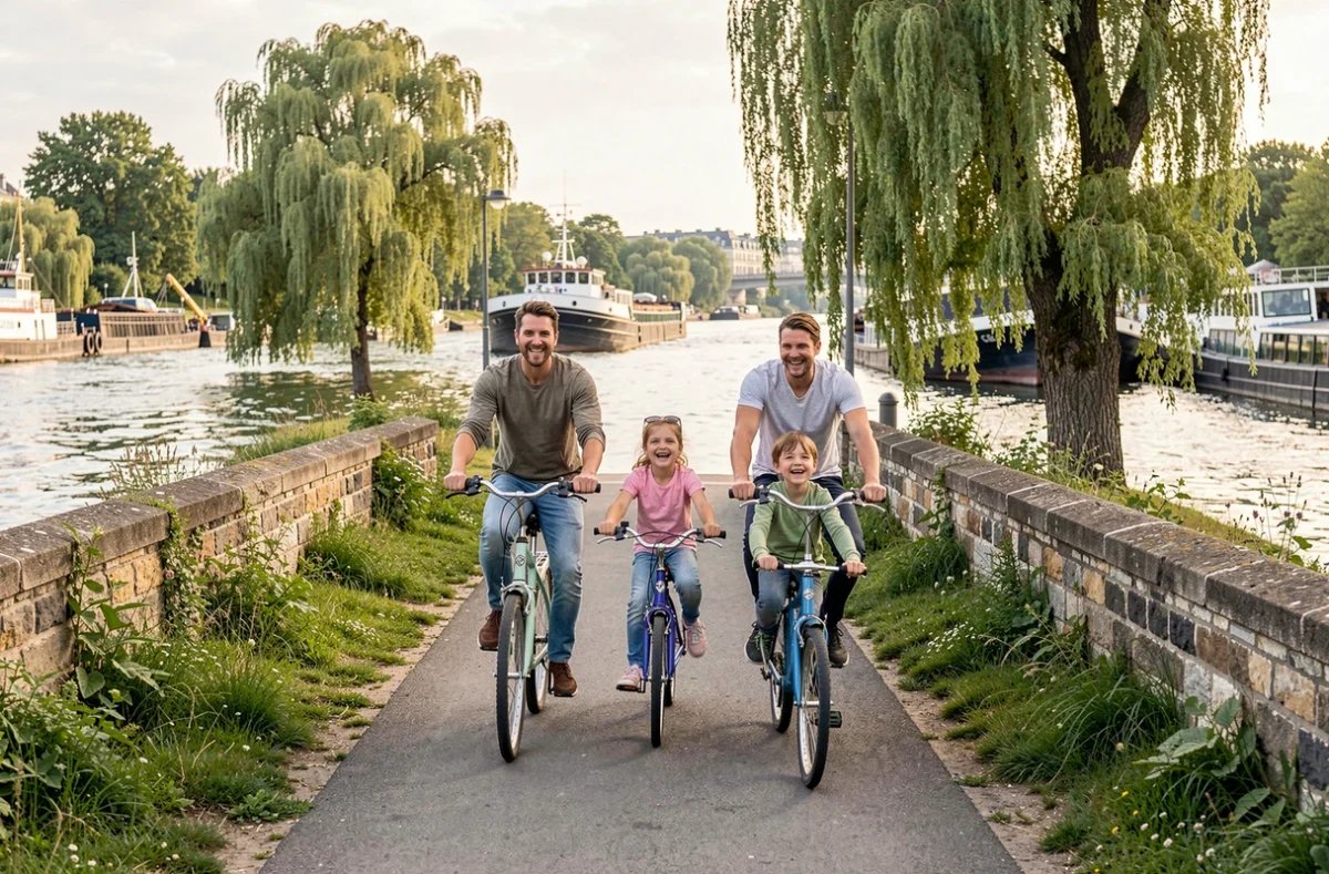 Famille faisant du vélo le long des berges verdoyantes du Parc de l'Île-Saint-Denis au bord de la Seine