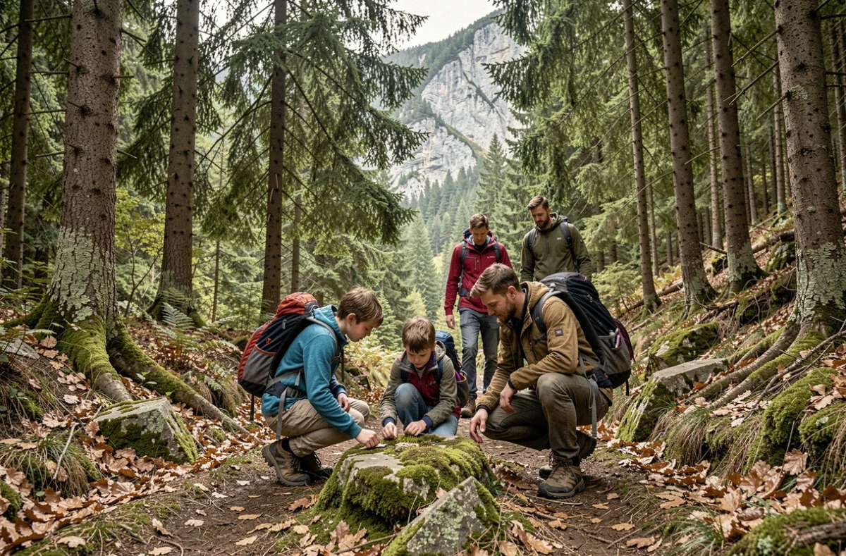 Famille en randonnée sur un sentier balisé à travers la forêt du Parc Naturel Régional de Chartreuse en Isère
