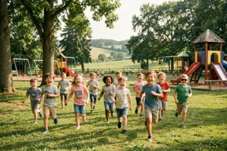 Enfants courant joyeusement dans un parc de loisirs verdoyant des Yvelines