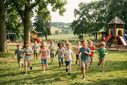 Enfants courant joyeusement dans un parc de loisirs verdoyant des Yvelines