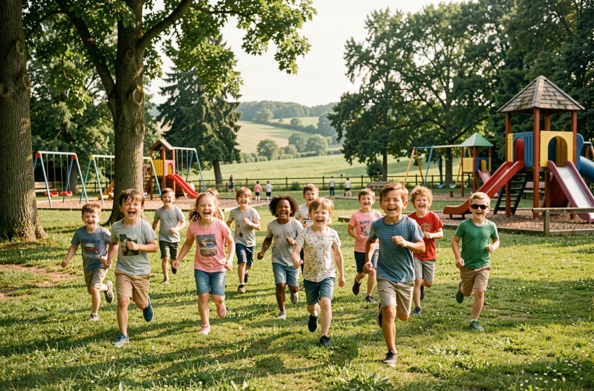 Enfants courant joyeusement dans un parc de loisirs verdoyant des Yvelines