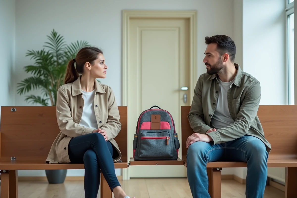 Deux parents séparés assis à distance dans une salle d'attente de centre de médiation familiale, avec le sac à dos d'un enfant posé entre eux