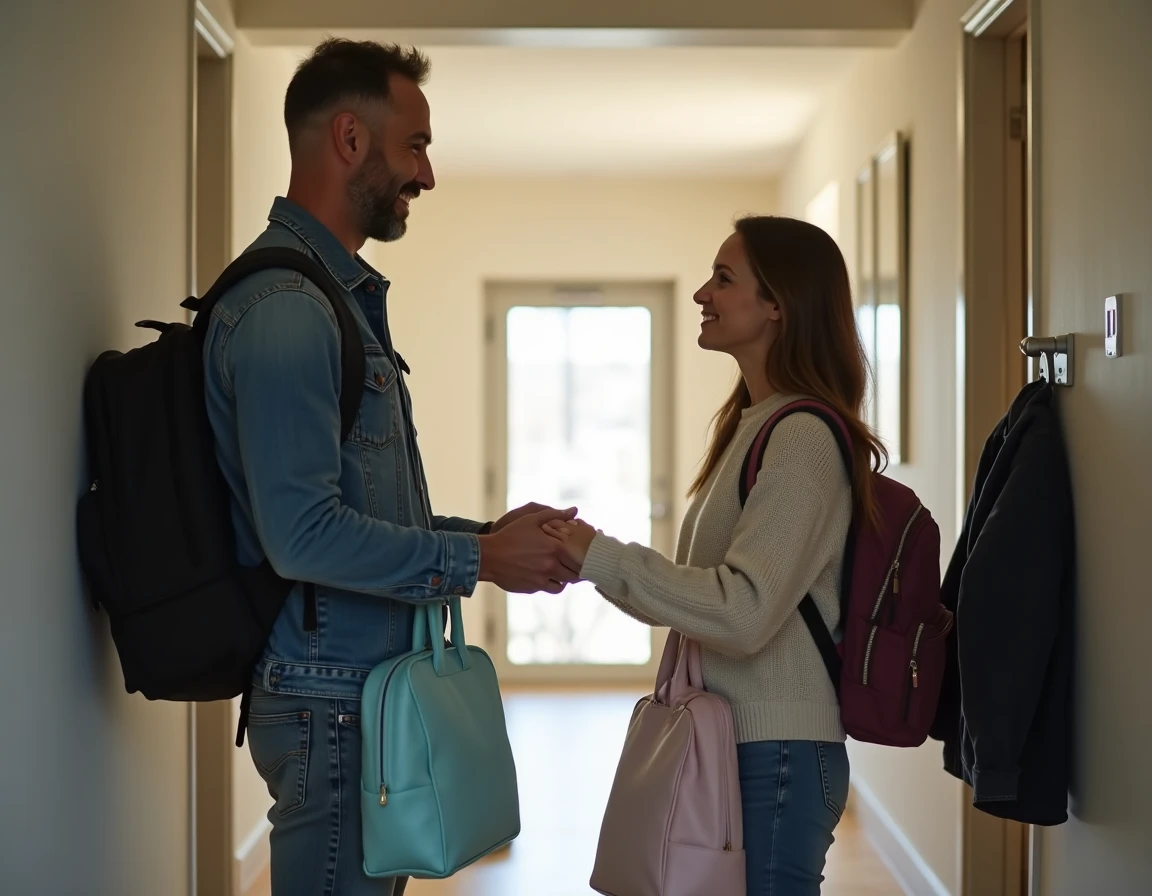 Parents séparés effectuant une transition de garde à la porte d'entrée lors d'un changement de semaine