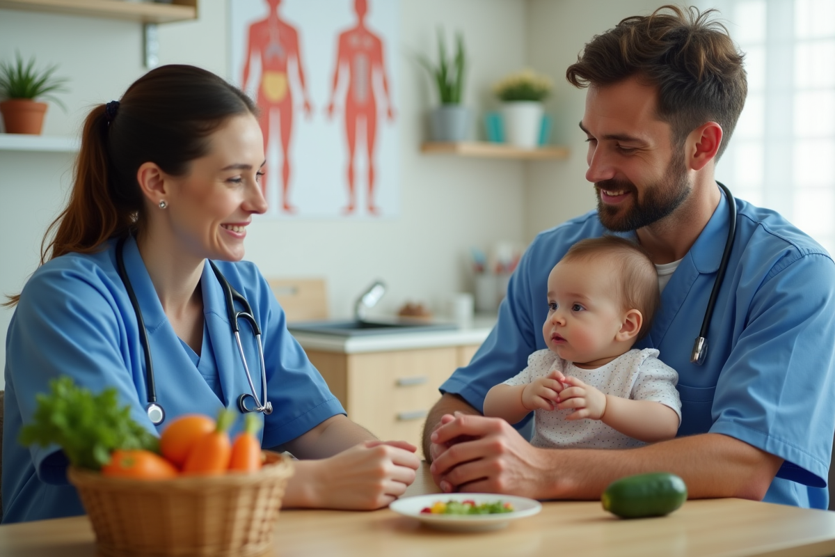 Pediatre discute alimentation avec un père et sa fille