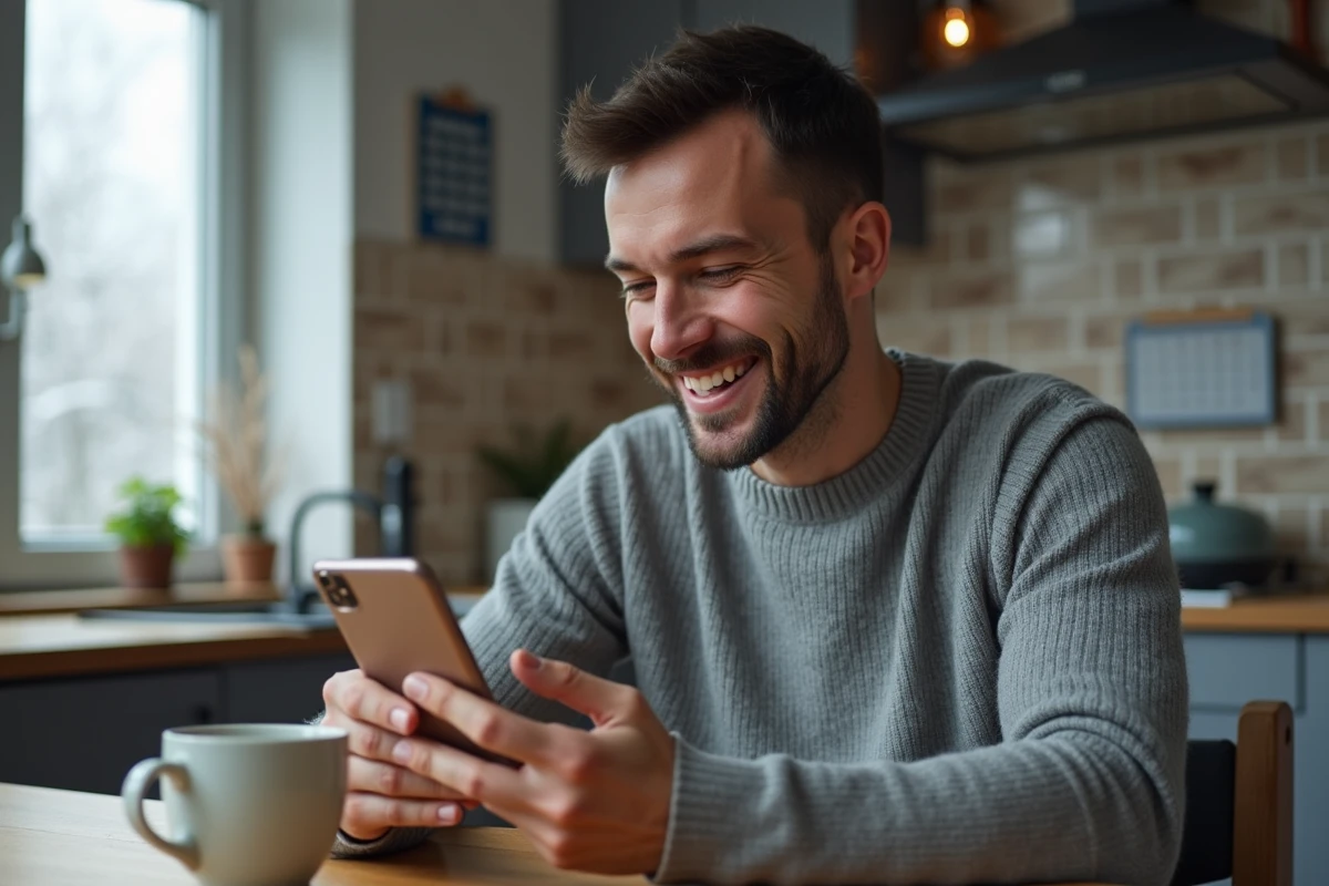 Père enregistrant un message vocal du Père Noël sur son smartphone dans une cuisine décorée pour Noël