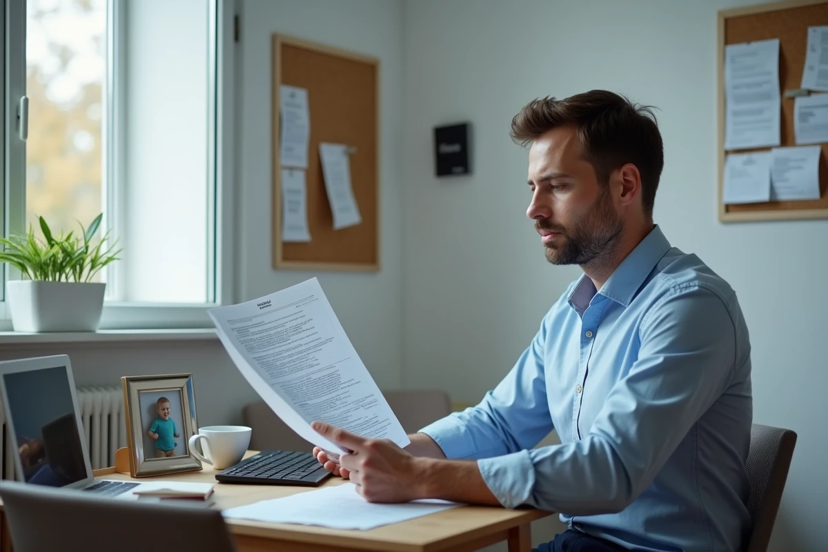 Père de famille en télétravail analysant attentivement un document de simulation de congé parental CAF pour préparer son budget familial 2026