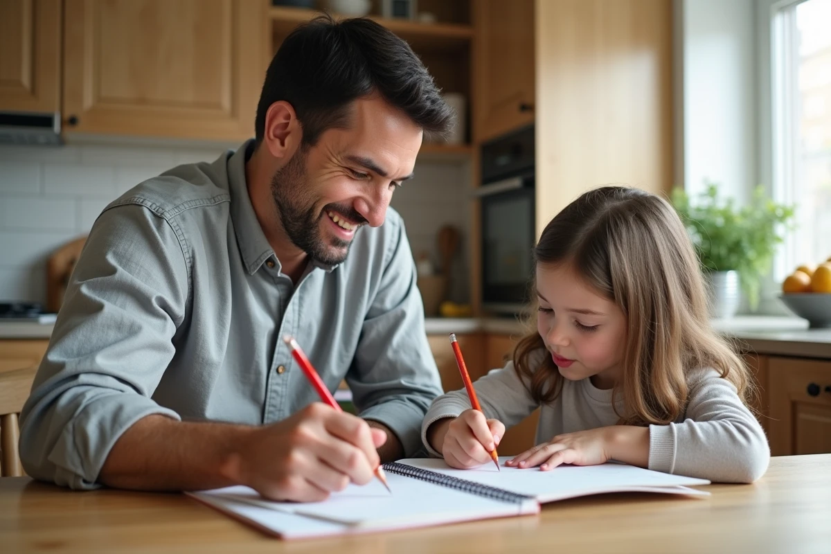 Père aidant sa fille à écrire un poème sur les parents à la table de cuisine