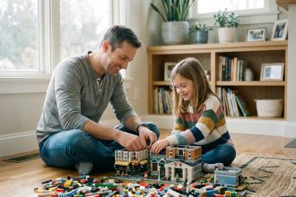 Père et fille construisant ensemble une ville en LEGO sur le sol du salon familial