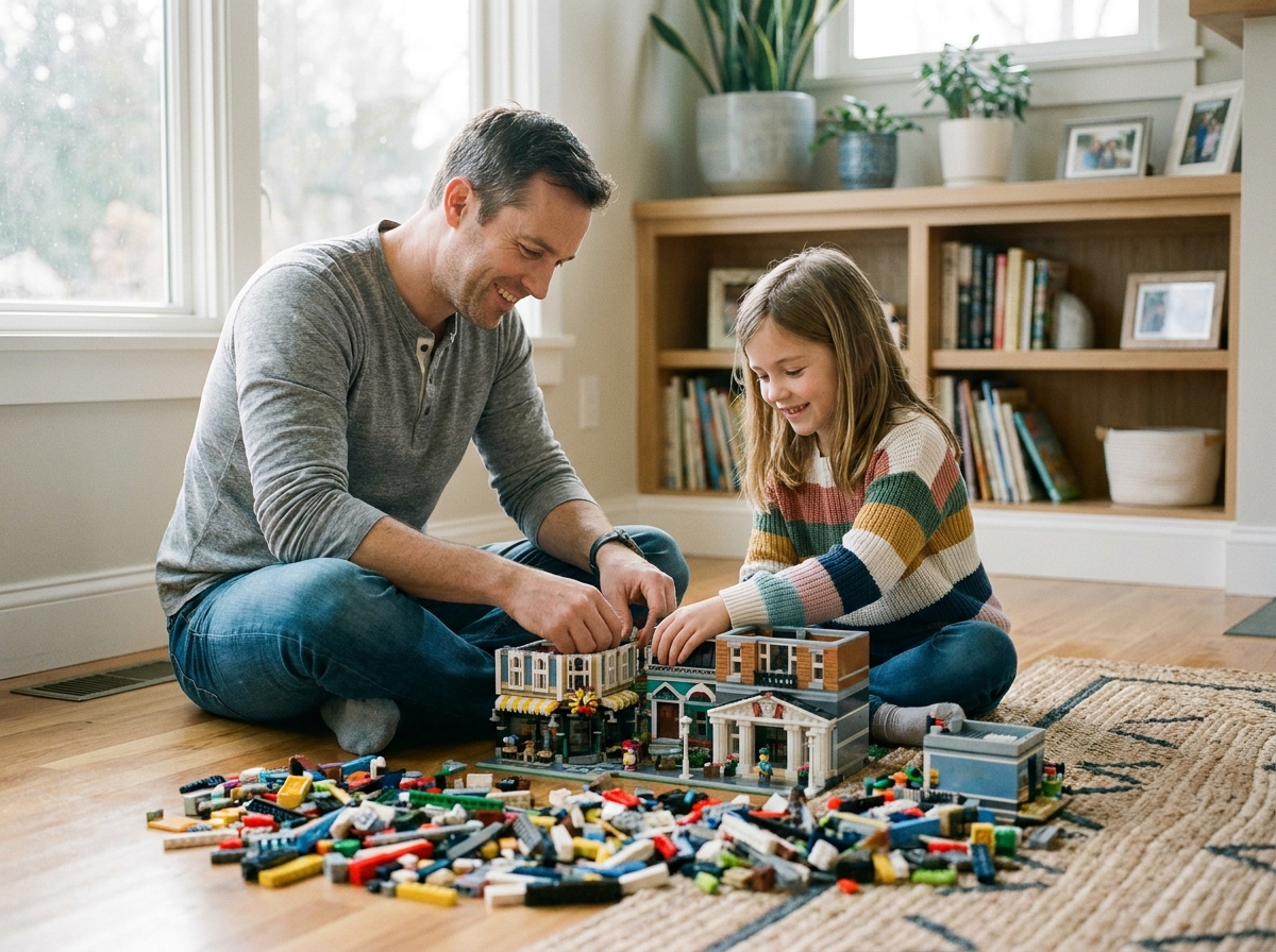 Père et fille construisant ensemble une ville en LEGO sur le sol du salon familial