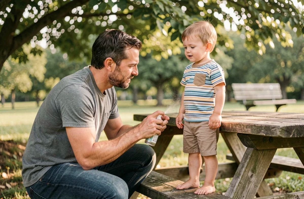 Père appliquant un spray répulsif moustique adapté aux bébés sur les jambes d'un tout-petit dans un parc en plein air