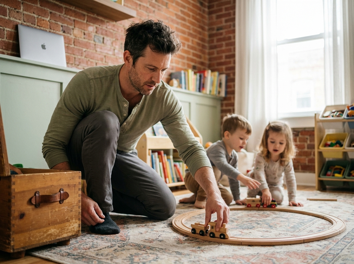 Père installant un circuit de train en bois sur le sol d'une salle de jeux familiale, enfants en arrière-plan et ordinateur portable fermé sur une étagère