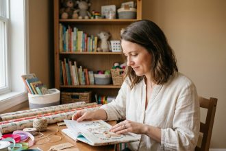 Femme examinant un livre personnalisé pour enfant avec des étiquettes cadeaux et du papier d'emballage coloré sur un bureau en bois