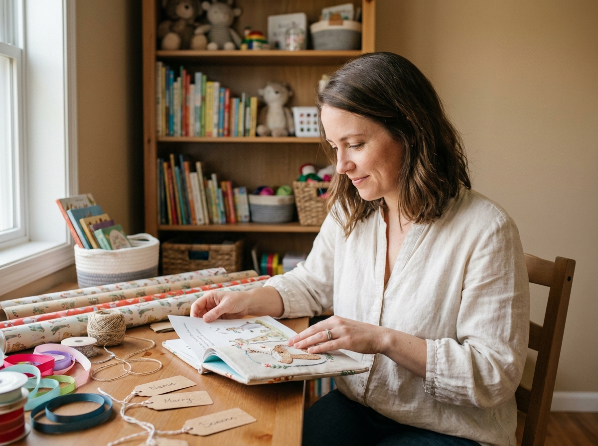 Femme examinant un livre personnalisé pour enfant avec des étiquettes cadeaux et du papier d'emballage coloré sur un bureau en bois
