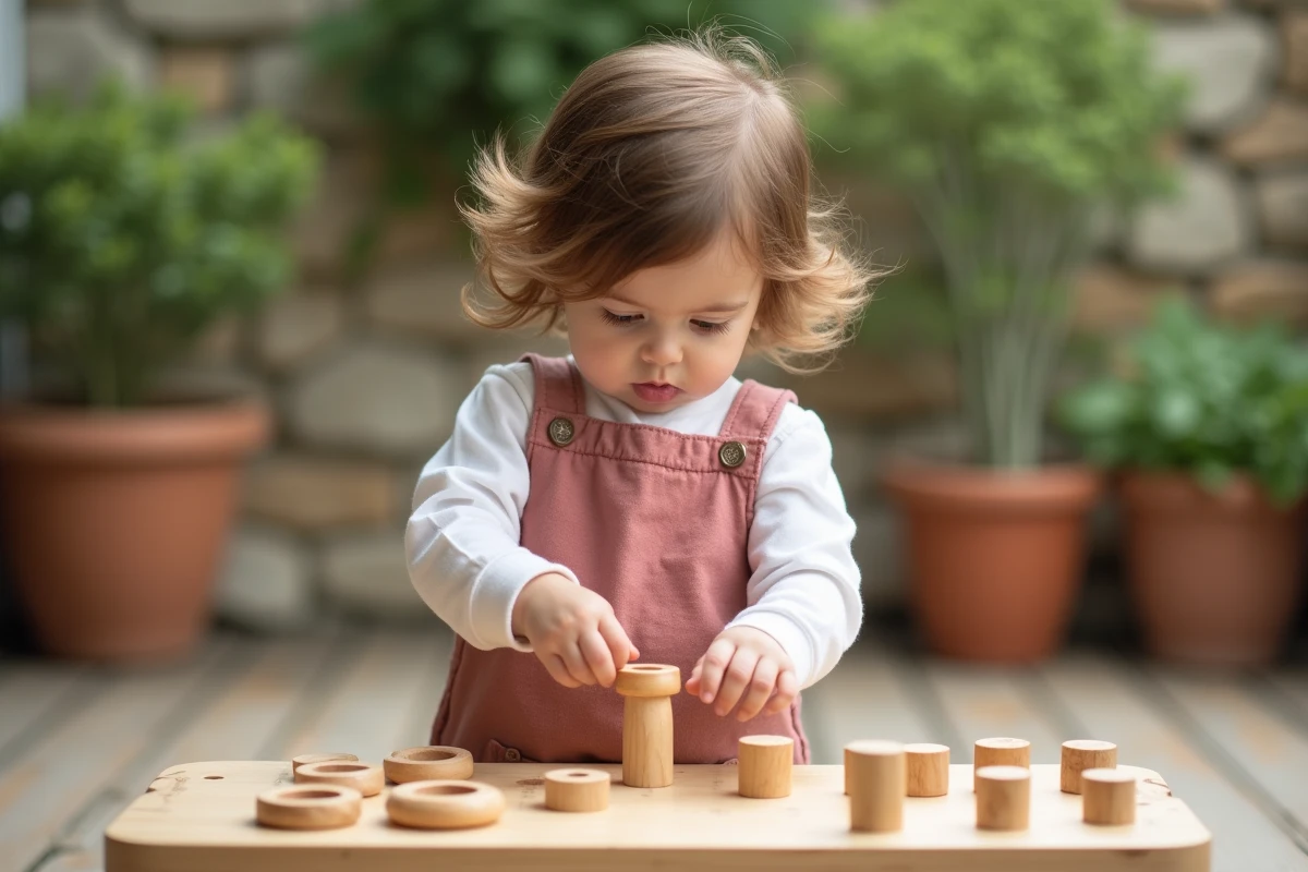 Petite fille de 18 mois empilant des anneaux en bois sur une table Montessori basse sur une terrasse en bois entourée de verdure