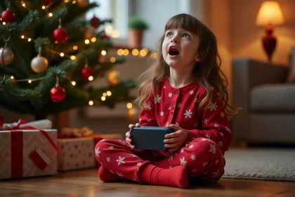 Petite fille en pyjama de Noël écoutant un message audio du Père Noël avec émerveillement près du sapin