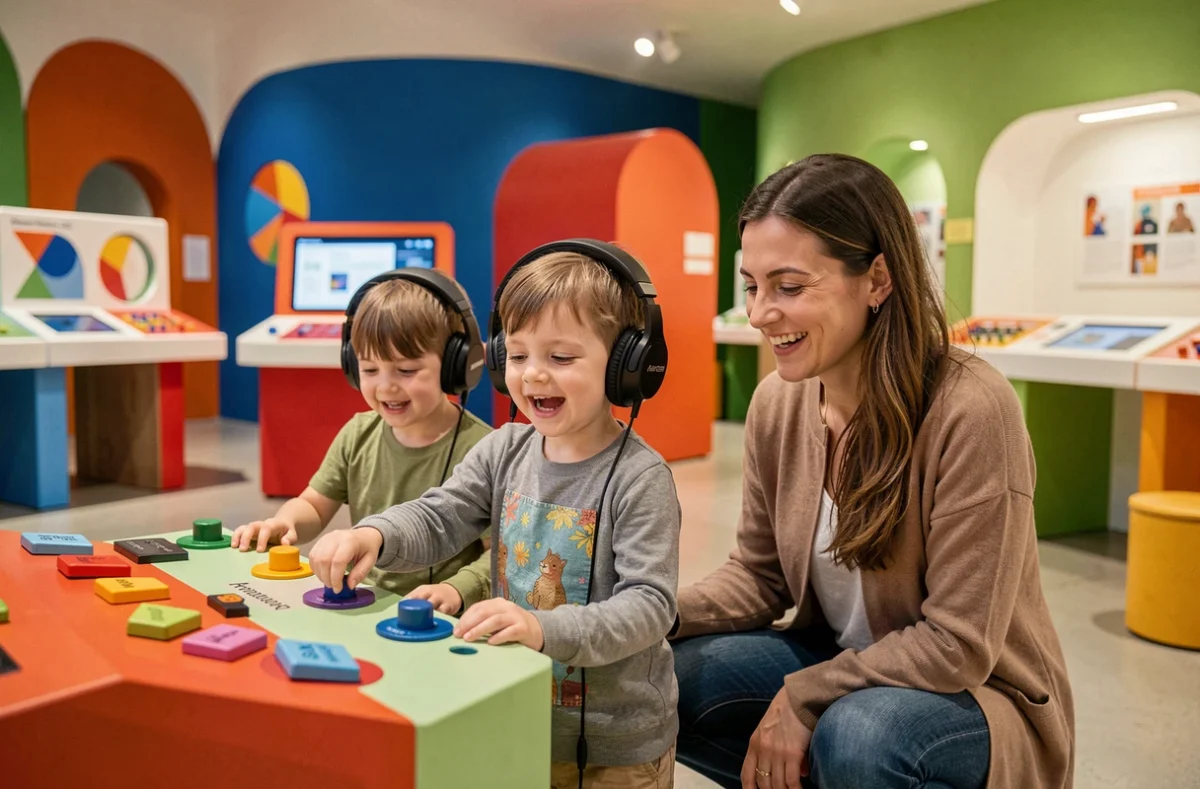 Enfants interagissant avec une installation sonore interactive à la Philharmonie des enfants de Paris