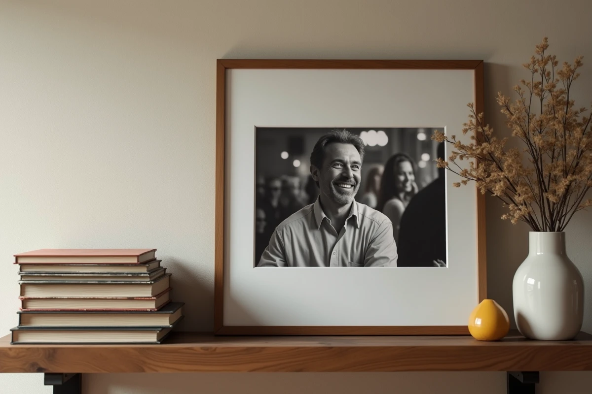 Photographie encadrée en noir et blanc d'un homme souriant des années 1980 posée sur une étagère avec des livres de cuisine français anciens, évoquant un héritage familial et éditorial