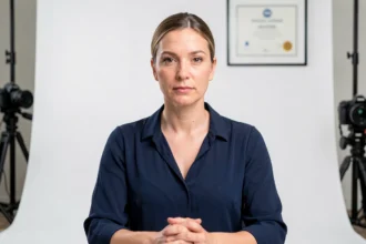 Femme faisant sa photo d'identité chez un photographe agréé à Dijon, fond blanc uniforme, portrait professionnel