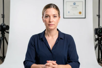Femme faisant sa photo d'identité chez un photographe agréé à Dijon, fond blanc uniforme, portrait professionnel