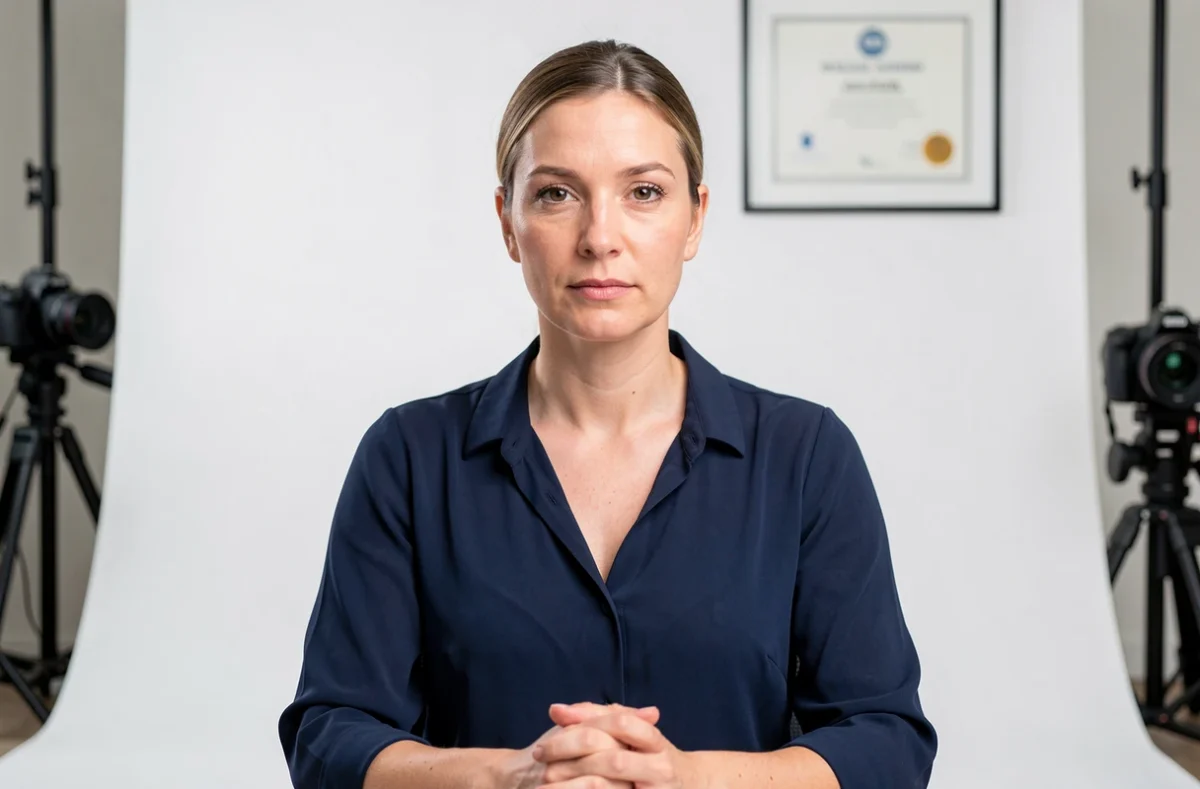 Femme faisant sa photo d'identité chez un photographe agréé à Dijon, fond blanc uniforme, portrait professionnel
