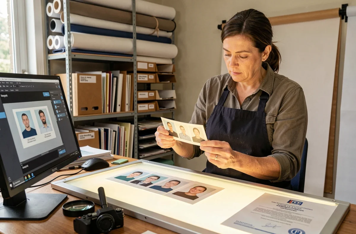 Photographe agréée à Dijon vérifiant des photos d'identité imprimées dans son studio professionnel