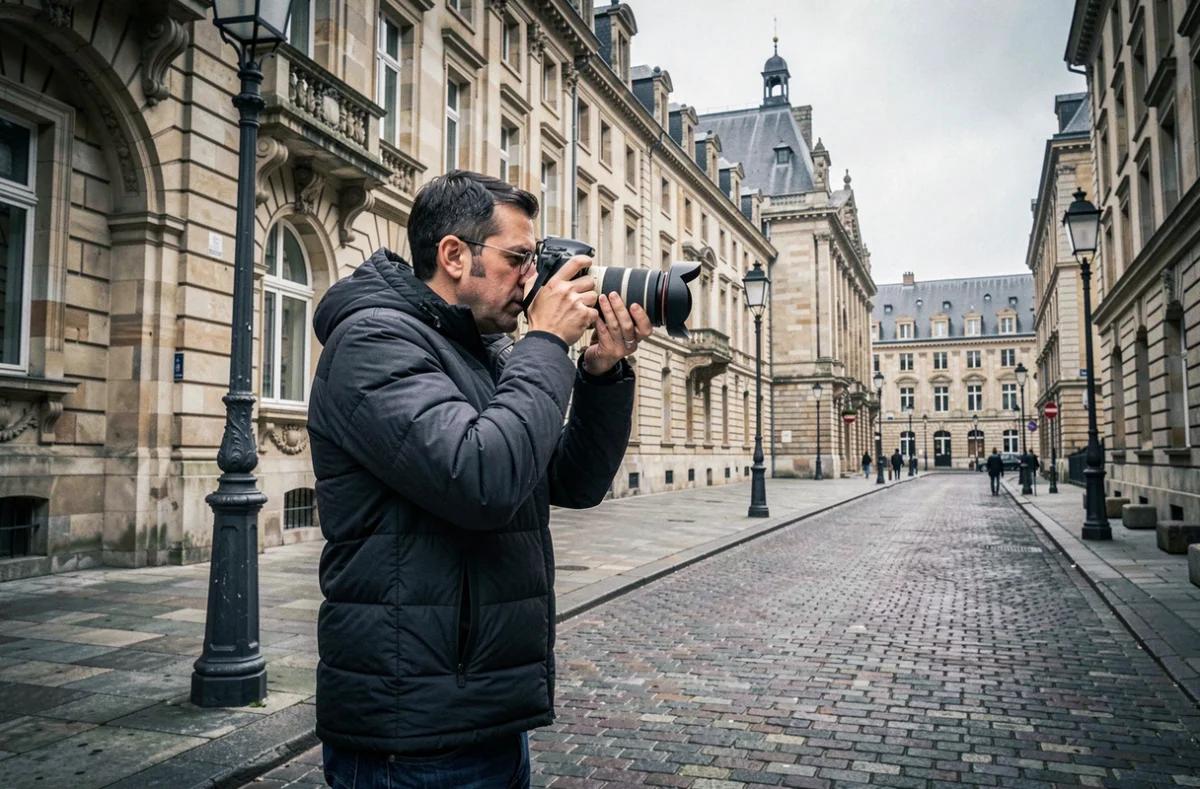 Photographe en extérieur capturant l'architecture historique du centre-ville de Besançon