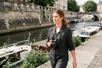 Photographe professionnelle se promenant au bord de la Seine à Conflans-Sainte-Honorine avec son appareil photo