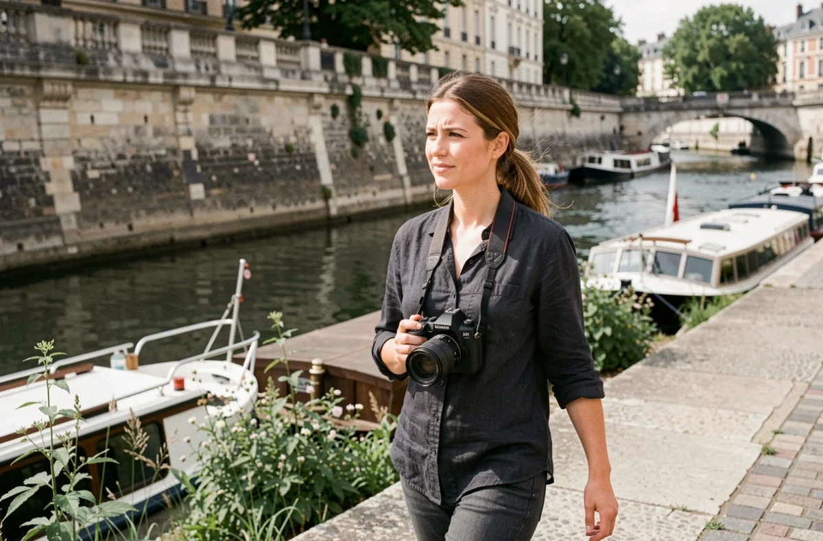 Photographe professionnelle se promenant au bord de la Seine à Conflans-Sainte-Honorine avec son appareil photo