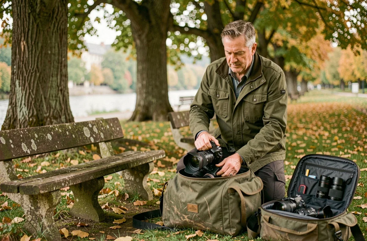 Photographe rangeant son matériel après une séance en extérieur au Parc Micaud de Besançon
