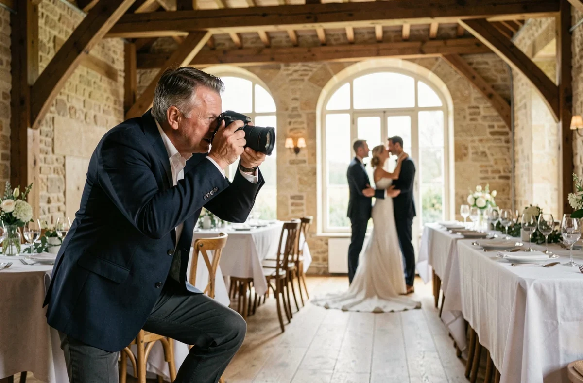 Photographe de mariage en action dans une salle de réception rustique en pierre près de Marmande, capturant les mariés en arrière-plan flou