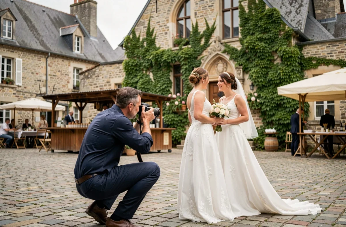 Photographe de mariage capturant des mariés devant une église en pierre dans un village ardennais