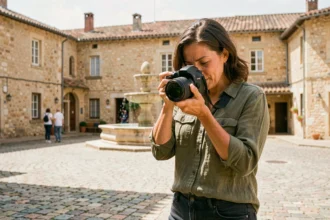 Photographe professionnelle ajustant son appareil photo sur une place historique de Marmande avec architecture en pierre typique du Sud-Ouest