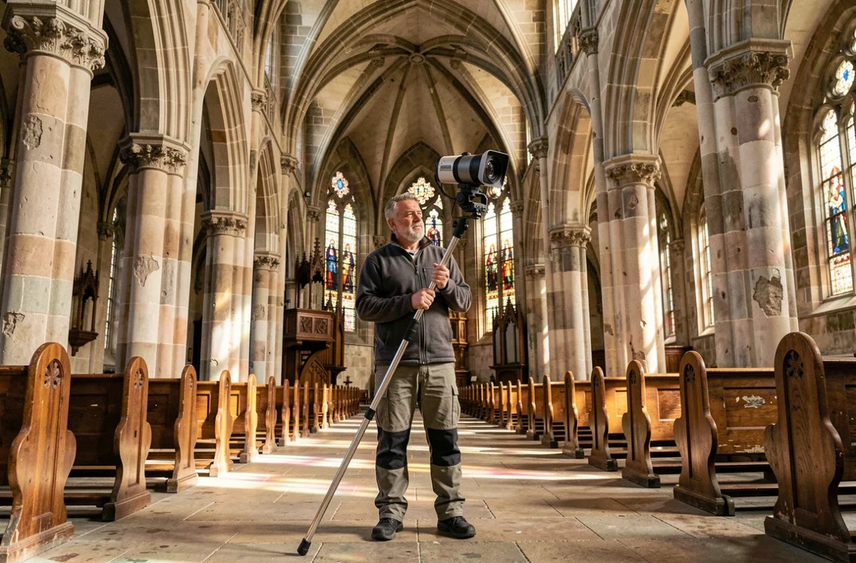 Photographe réalisant une prise de vue panoramique 360 degrés à l'intérieur d'une cathédrale gothique historique
