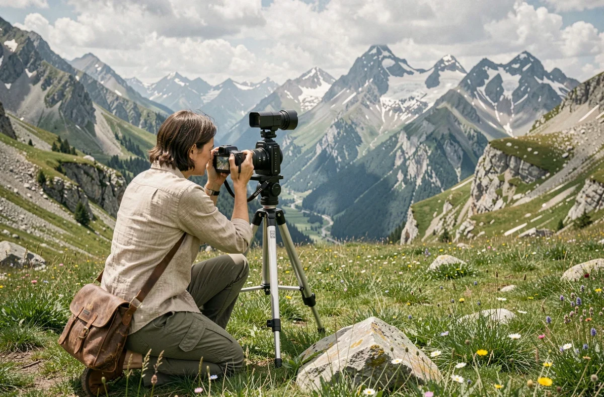 Photographe femme cadrant un panorama de montagne avec un appareil photo en plein air dans une prairie alpine