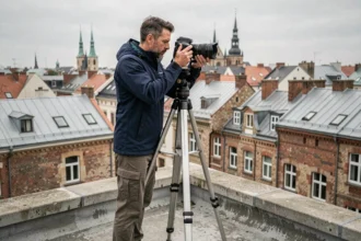 Photographe professionnel réglant une tête panoramique sur un trépied sur un toit urbain avec vue sur la ville