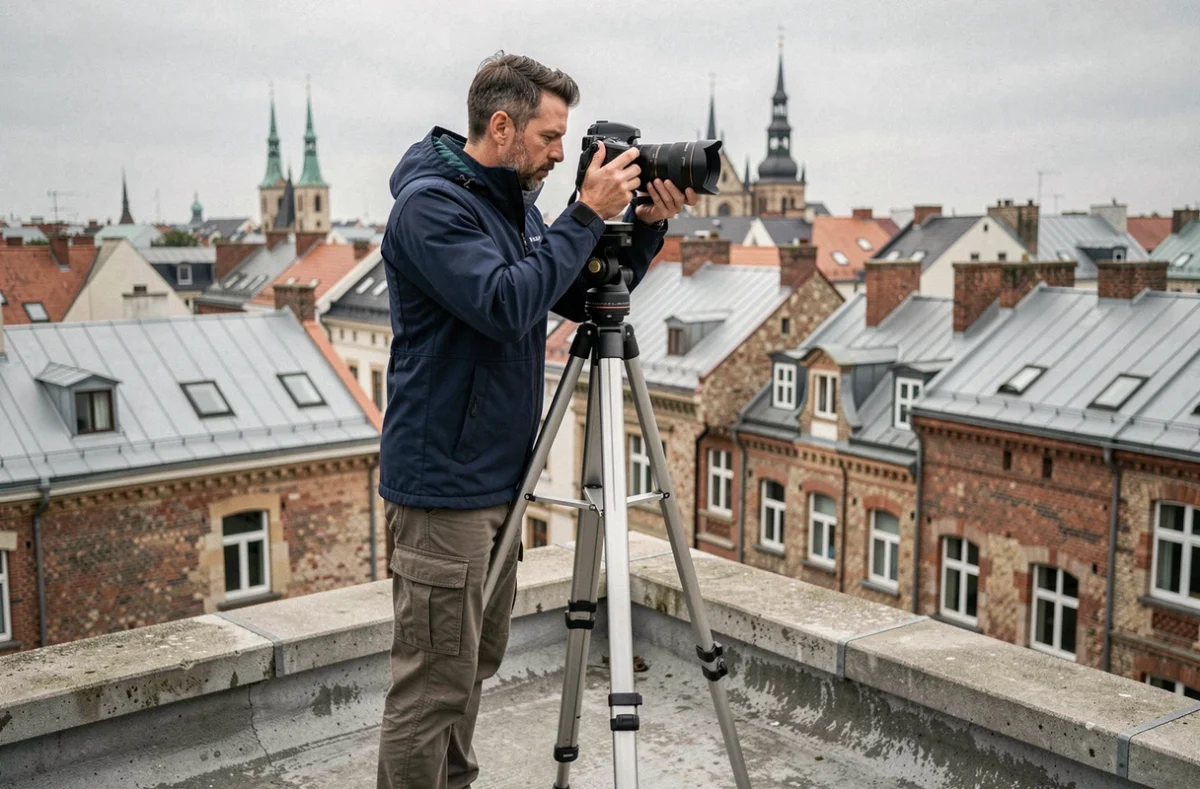Photographe professionnel réglant une tête panoramique sur un trépied sur un toit urbain avec vue sur la ville