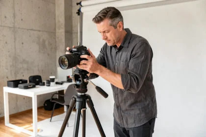Photographe professionnel réglant son appareil photo sur trépied dans un studio moderne à Besançon