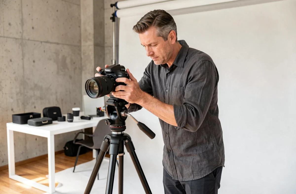 Photographe professionnel réglant son appareil photo sur trépied dans un studio moderne à Besançon